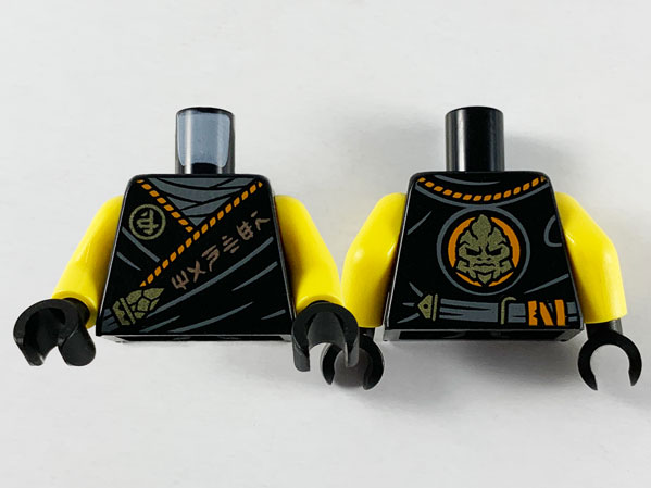 Torso Tunic, Dark Bluish Gray Shirt, Orange Hem, Copper and Gold Ninjago Logogram 'MANTER' and Gorilla Pattern / Yellow Arms / Black Hands