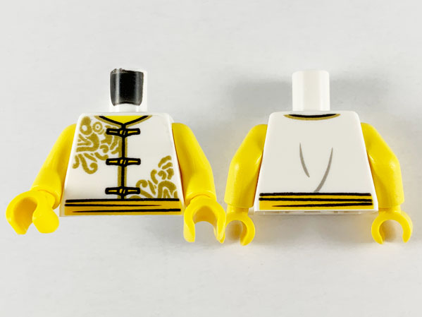 Torso Vest with Gold Dragons, Edging, and Frog Clasps, Bright Light Blue Sash, Dark Bluish Gray Wrinkles on Back Pattern / Yellow Arms / Yellow Hands