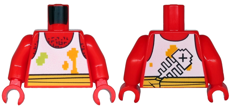 Torso White Tank Top with Lime and Bright Light Orange Spots, Fish Bone on Back, Hairy Chest and Yellow Waist Sash Pattern / Red Arms / Red Hands