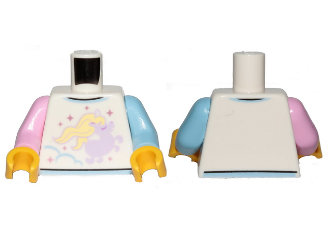 Torso Shirt, Lavender Unicorn Pattern / Bright Light Blue Arm Left / Bright Pink Arm Right / Yellow Hands