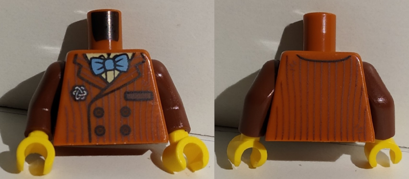 Torso Suit with Buttons, Pocket, Bright Light Yellow Shirt, Medium Blue Bow Tie, Silver Brooch Pattern / Reddish Brown Arms / Yellow Hands