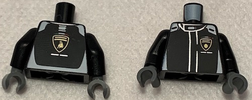 Torso Racing Suit with Vertical White Stripes and Lamborghini Logo on Front and Back Pattern / Black Arms / Dark Bluish Gray Hands