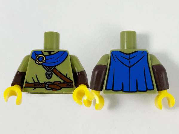 Torso Shirt, Blue Cape, Gold Brooch, Silver Pendant and Dark Brown Belts Pattern / Dark Brown Arms with Molded Olive Green Short Sleeves Pattern / Yellow Hands