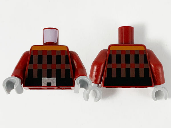 Torso Pixelated, Dark Orange Stripe, Dark Brown and Black Stripes, Belt with Silver Buckle Pattern / Dark Red Arms / Light Bluish Gray Hands