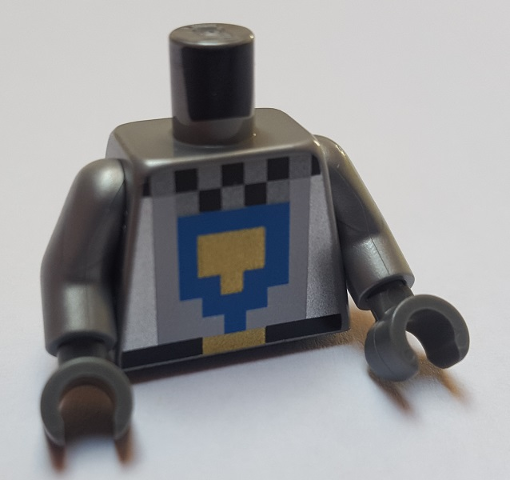 Torso Pixelated Black and Flat Silver with Blue and Pearl Gold Shield Pattern / Flat Silver Arms / Dark Bluish Gray Hands