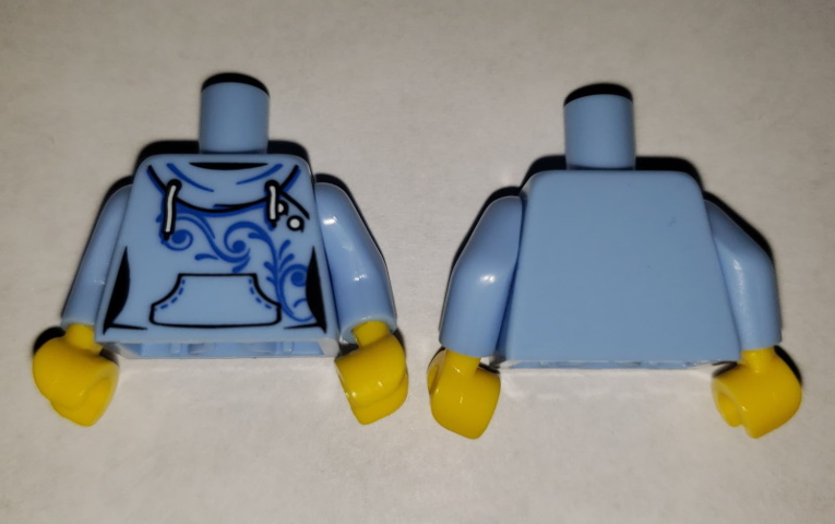 Torso Female Hoodie with White Laces, Blue Scrollwork, Kangaroo Pocket without Back Print Pattern / Bright Light Blue Arms / Yellow Hands