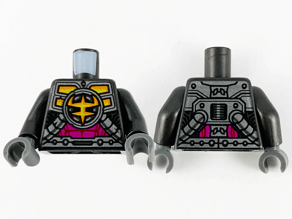 Torso Mechanical Armor, Ironclad Logo, Silver Plates, Tubes and Magenta Stomach Pattern / Pearl Dark Gray Arms / Dark Bluish Gray Hands