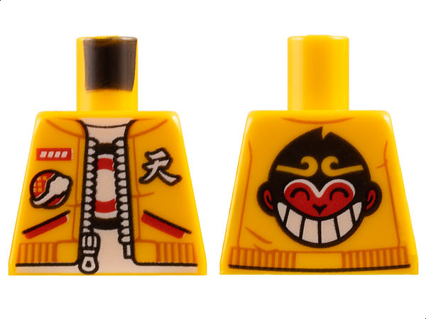 Torso Jacket with Zipper, White T-Shirt with Black and Red Circles and Monkey King on Back Pattern