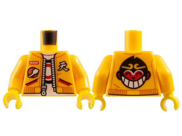 Torso Jacket with Zipper, White T-Shirt with Black and Red Circles and Monkey King on Back Pattern / Bright Light Orange Arms / Yellow Hands