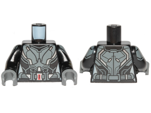 Torso Female Outline, Black Suit with Gray and Silver Lines and Belt with Red Buckle Pattern / Black Arms with Gray Shoulder Armor, Gray and Gold Stripes Pattern / Dark Bluish Gray Hands