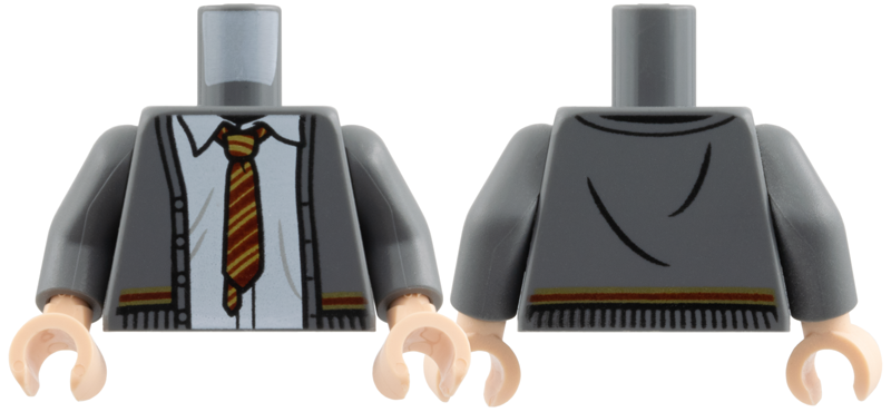 Torso Cardigan Sweater with White Shirt with Wrinkles, Red and Gold Tie and Trim (Gryffindor) Pattern / Dark Bluish Gray Arms / Light Nougat Hands