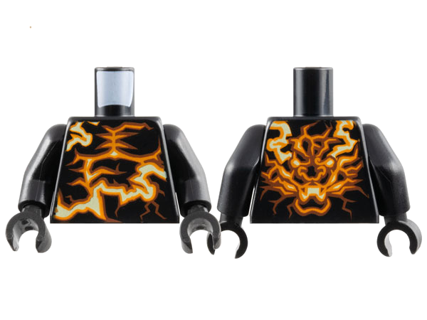 Torso Ninjago Bright Light Yellow and Orange Energy, Dragon Face on Back Pattern / Black Arms / Black Hands