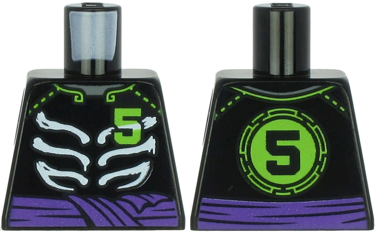 Torso Ninjago Skeleton Ribs White, Purple Waist Sash and Lime Number 5 on Front and Back Pattern