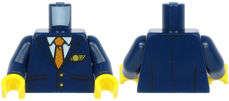 Torso Suit with Pockets over White Shirt, Gold and Dark Orange Striped Tie, Gold Buttons and Logo Pin Pattern / Dark Blue Arms / Yellow Hands