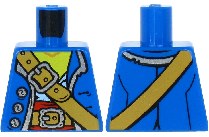 Torso Pirate Coat Open with Silver Buttons and Trim over White Shirt and Red Sash, Medium Nougat Belts with Buckles, Yellow Neck Pattern