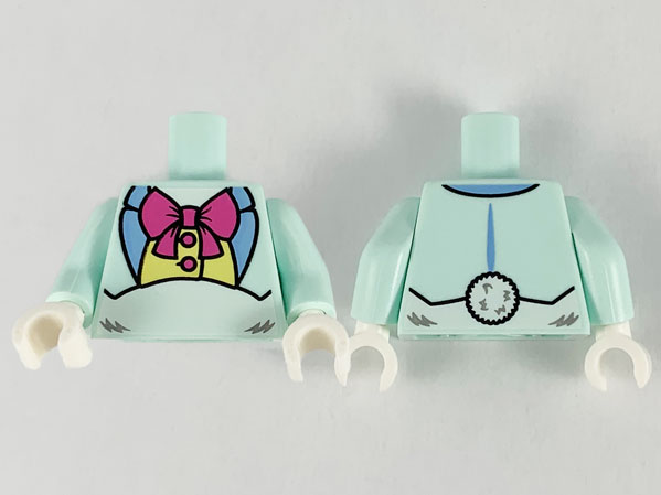 Torso Short Jacket Open with Medium Blue Lapels over Bright Light Yellow Shirt with Buttons, Dark Pink Bow Tie, White Stomach with Fur Pattern / Light Aqua Arms / White Hands