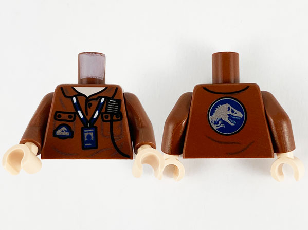 Torso Polo Shirt, Light Nougat Neck, Radio, ID Badge on Lanyard, Jurassic World Logo on Front and Back Pattern / Reddish Brown Arms / Light Nougat Hands