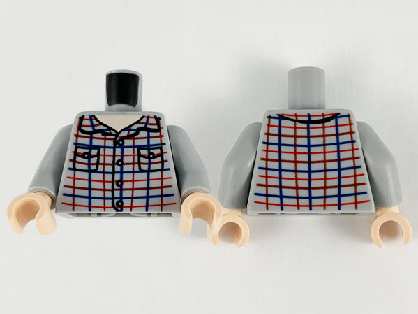 Torso Shirt with Buttons, Collar and Pockets, Red, Dark Red and Dark Blue Plaid Lines Pattern / Light Bluish Gray Arms / Light Nougat Hands