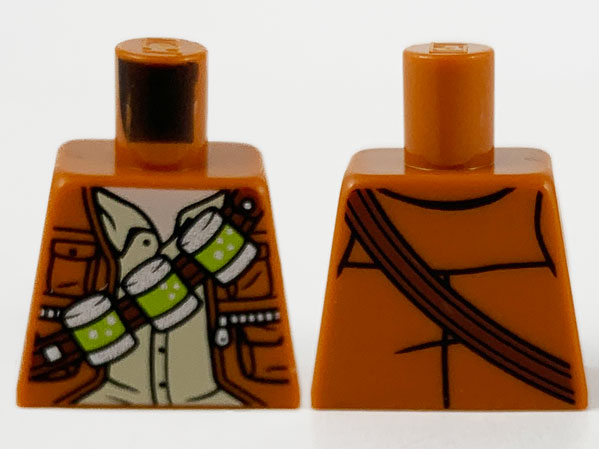 Torso Jacket over Tan Shirt, Reddish Brown Bandolier with 3 Silver and Lime Canisters Pattern