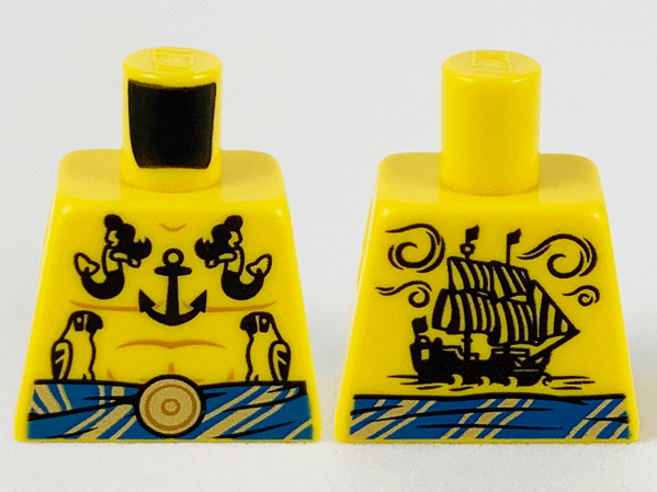 Torso Pirate Bare Chest with Muscles Outline, Blue Sash with Gold Stripes and Clasp, Black Anchor, Mermaids, Parrots, and Ship Tattoos Pattern