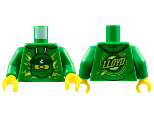 Torso Hoodie with Ninja Minifigure Head and Wrap with Ninjago Logogram Letter L, 'LLOYD' on Back Pattern / Green Arms / Yellow Hands