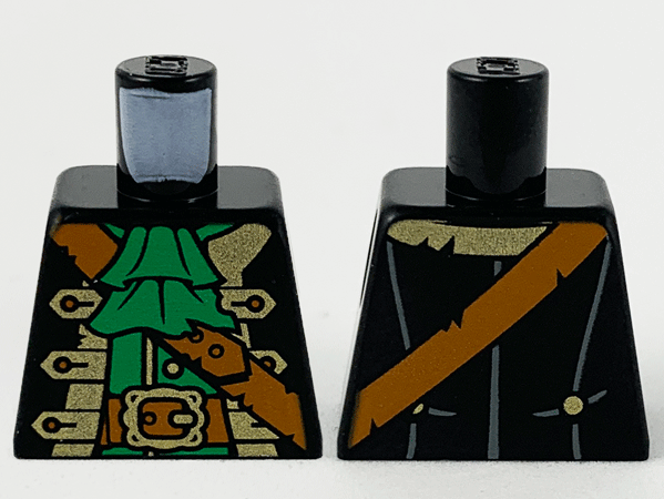 Torso Pirate Captain Jacket Open with Gold Trim over Green Shirt with Wide Neck Ruffle, Dark Orange Strap, Belt with Buckle Pattern