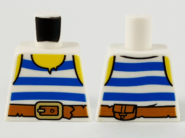 Torso Pirate Tank Top with Blue Horizontal Stripes, Dark Orange Belt with Gold Buckle, Yellow Neck and Shoulders Pattern