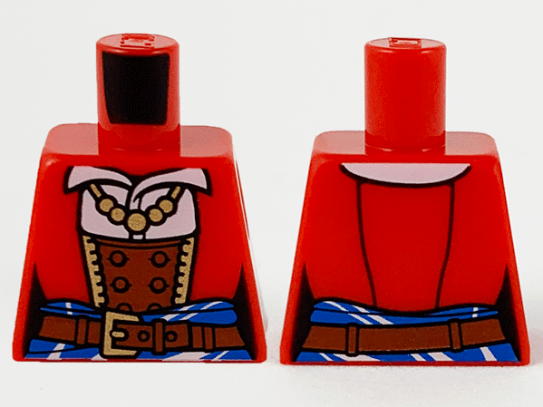 Torso Female Pirate Corset Top over White Shirt, Reddish Brown Belt with Gold Buckle, Bead Necklace, Blue Sash with Stripes Pattern