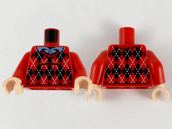 Torso Knit Argyle Sweater, Medium Blue Shirt Collar, Black Diamonds and White Stitching Pattern / Red Arms / Light Nougat Hands