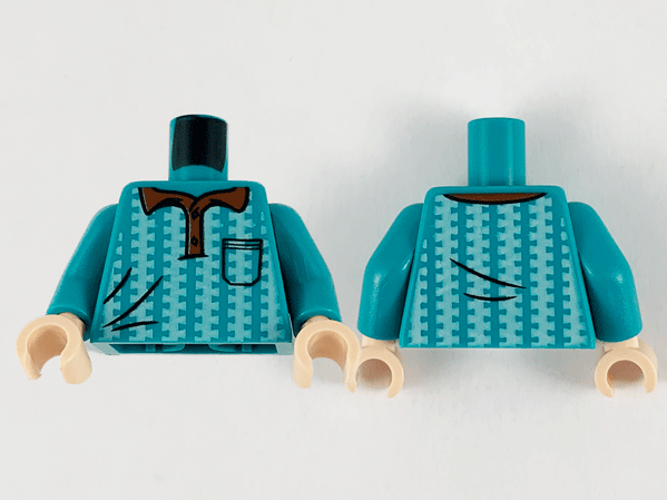 Torso Polo, Reddish Brown Collar, Left Side Pocket and Ornate White Vertical Stripes Pattern / Dark Turquoise Arms / Light Nougat Hands