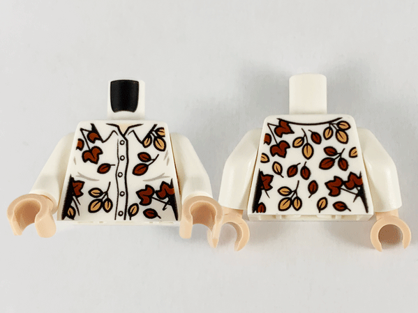 Torso Female Button Up Shirt, Tan and Reddish Brown Leaves Pattern / White Arms / Light Nougat Hands