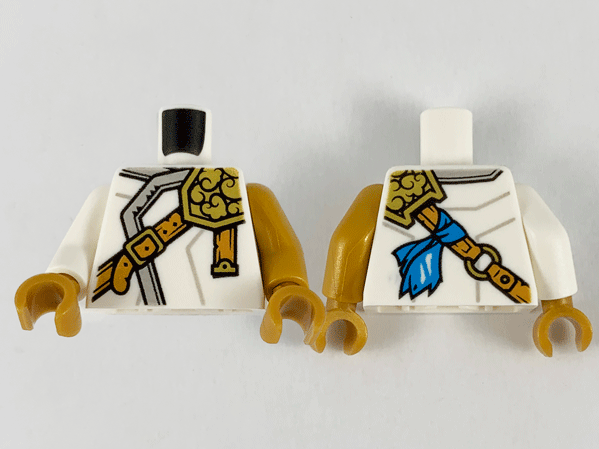 Torso Ninjago Robe with Light Bluish Gray Hem, Gold Left Pauldron and Nougat Crossbelt Pattern / Pearl Gold Arm Left / White Arm Right / Pearl Gold Hands