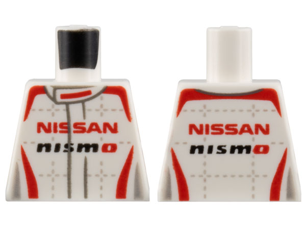 Torso Speed Champions Jumpsuit with Red and Light Bluish Gray Trim, Red 'NISSAN' and Black 'NISMO' Pattern