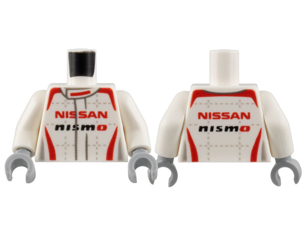 Torso Speed Champions Jumpsuit with Red and Light Bluish Gray Trim, Red 'NISSAN' and Black 'NISMO' Pattern / White Arms / Light Bluish Gray Hands