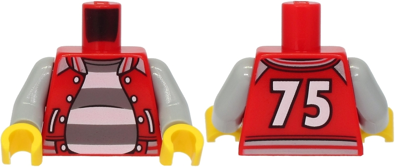 Torso Open Jacket with White Buttons and '75' on Back over Dark Bluish Gray and White Striped Shirt Pattern / Light Bluish Gray Arms / Yellow Hands