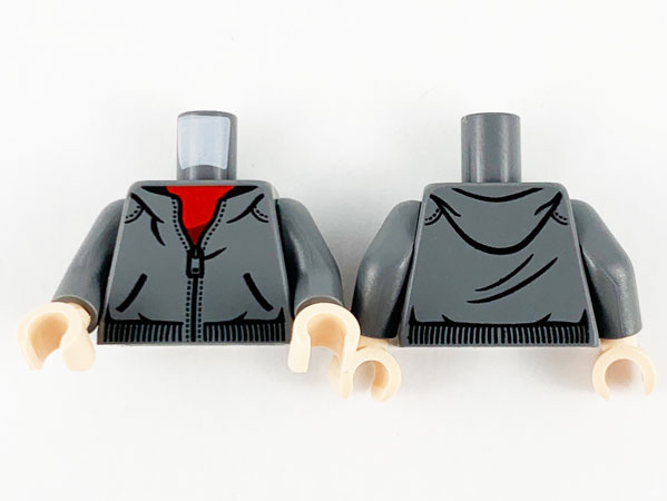 Torso Dark Bluish Gray Hoodie, Red Shirt and Zipper Pattern / Dark Bluish Gray Arms / Light Nougat Hands