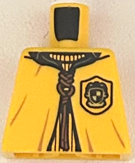Torso Quidditch Robe over Sweater, Yellow Collar and Hufflepuff Crest and Dark Orange Lacing Pattern