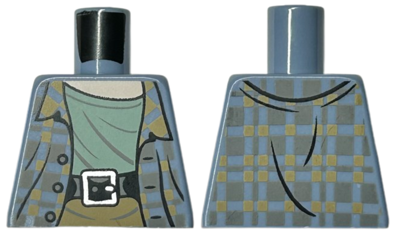 Torso Plaid Jacket Open with Buttons and Dark Bluish Gray and Dark Tan Squares over Sand Green Shirt, Black Belt with Silver Buckle, Light Nougat Neck Pattern