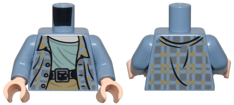 Torso Plaid Jacket Open with Buttons and Dark Bluish Gray and Dark Tan Squares over Sand Green Shirt, Black Belt with Silver Buckle, Light Nougat Neck Pattern / Sand Blue Arms / Light Nougat Hands