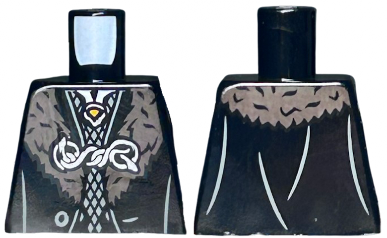 Torso Robe Open with Button, Dark Brown Fur Collar, and Entwined Snakes Clasp, Silver Brooch Pattern