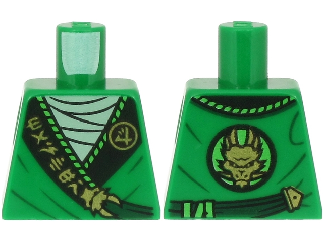 Torso Tunic, Sand Green Shirt, Wide Black Hems with Gold Ninjago Logogram 'MASTER' and Dragon Pattern