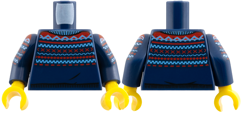 Torso Knit Fair Isle Sweater with Medium Blue and Red Lines Pattern / Dark Blue Arms with Medium Blue and Red Lines Pattern / Yellow Hands
