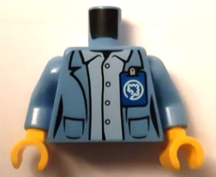 Torso Jacket Open with Pockets over Bright Light Blue Shirt with Buttons, Blue Tag with White Play Day Cognitive Puzzle Piece Logo Pattern / Medium Blue Arms / Yellow Hands