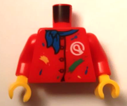 Torso Artist Smock with Buttons, Paint Splotches, and White Play Day Creative Light Bulb Logo, Blue Neckerchief Pattern / Red Arms / Yellow Hands