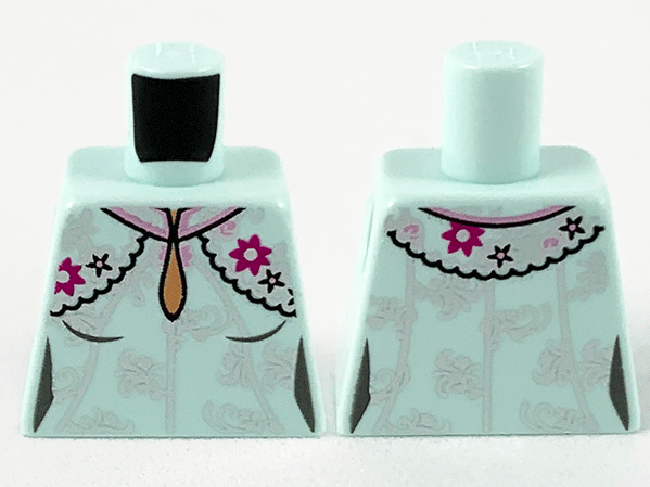 Torso Female Dress, Teardrop Neckline, Silver Flower Filigree, Magenta Flowers and Black Stars Pattern