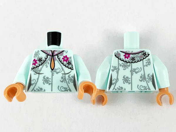 Torso Female Dress, Teardrop Neckline, Silver Flower Filigree, Magenta Flowers and Black Stars Pattern / Light Aqua Arms / Nougat Hands