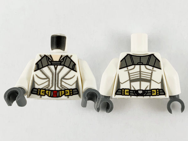 Torso Female Jumpsuit, Light Nougat Neck, Dark Bluish Gray Shoulder Panel and Design Lines Pattern / White Arms / Dark Bluish Gray Hands