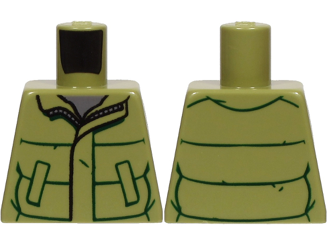 Torso Winter Jacket with Dark Green Lines, Pockets and Zipper over Dark Bluish Gray Shirt Pattern