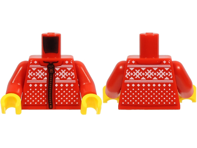 Torso Winter Jacket with Zipper and Knitted White Hashmarks, Triangles, Lines and Squares Pattern / Red Arms / Yellow Hands