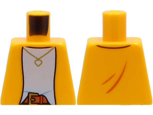 Torso Jacket over Bright Light Blue Shirt, Gold Necklace with Heart and Belt Pattern